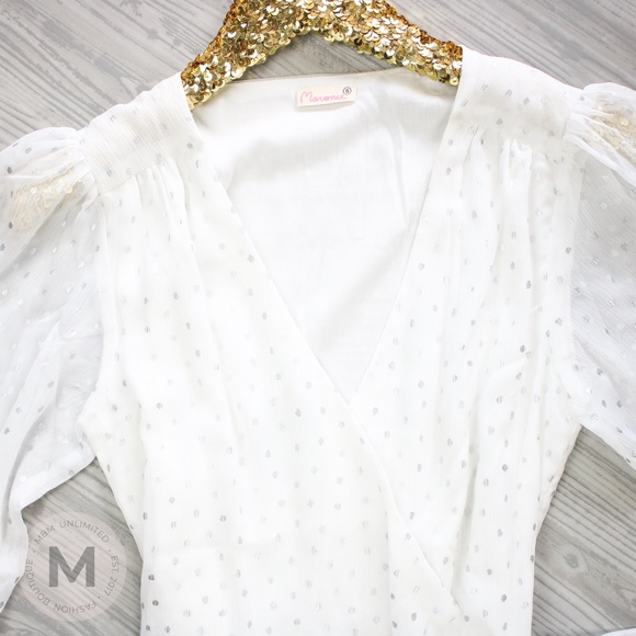 White Silver Dots Ruffle Hem Wrap Dress - Picture 5 of 9